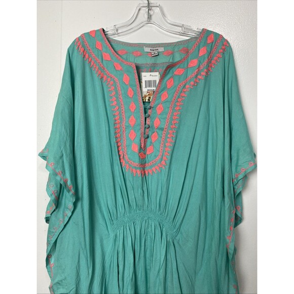 Raviya Swimsuit Coverup Size M Green Teal Women's Embroidered Trim Tunic Beach - Picture 3 of 16
